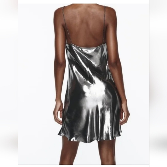 ZARA Metallic Liquid Silver Cowl Neck Slip Mini Dress –Size XS - Picture 2 of 13